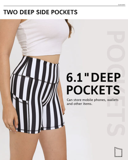 ZLLW Women's High Waist Cute Print Workout Yoga Shorts, 5 inch Striped Shorts with Pockets for Biker/Athletic/Gym/Running Small
