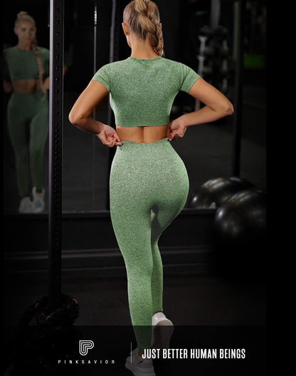 Workout Sets for Women 2 Piece Outfits Cute Gym Athletic Pilates Hiking Clothes Conjunto Deportivo Para Mujer Seamless High Waist Leggings Yoga Crop Tops Two Piece Matching Sports Set (P005L-Avocado)