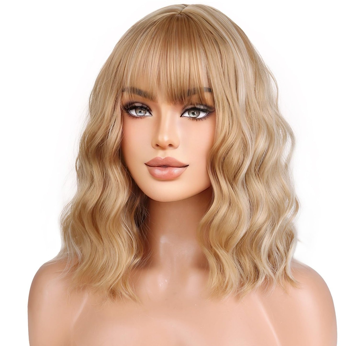 WTHCOS Brown Mixed Blonde Wigs for Women Girls Short Bob Wig blonde Wig Short Curly Wavy Blonde wig With Bangs Heat Resistant Synthetic Wigs for Cosplay Costume Party