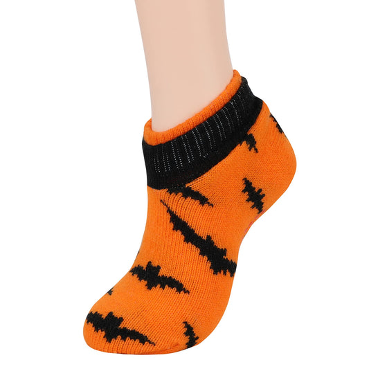 Zando Women's Warm Cozy Ankle Socks - Winter Slipper Socks with Non-Slip Gripper, Fuzzy Thick Socks for Halloween in Orange Bat Design