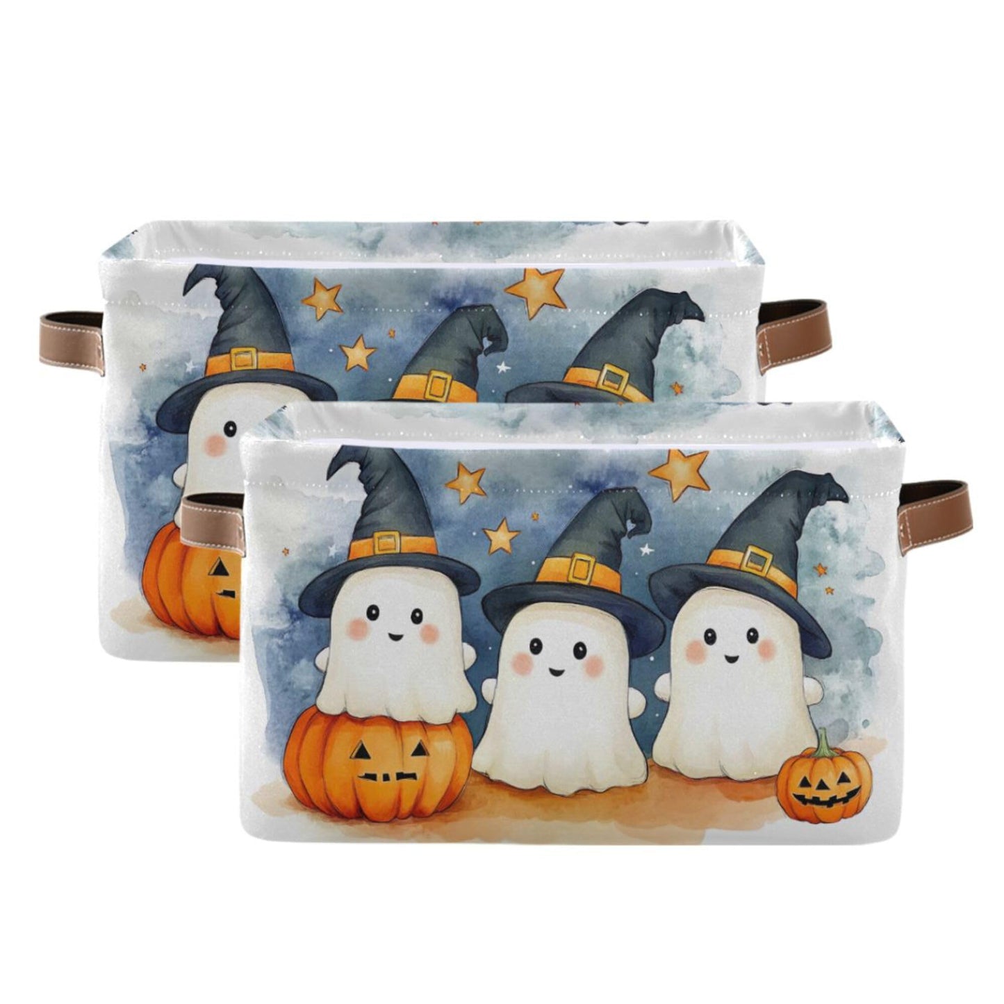 xigua Cute Cartoon Ghosts Storage Basket Foldable Storage Bin, Canvas Rectangular Storage Basket with Leather Handles for Home Closet & Office Decoration