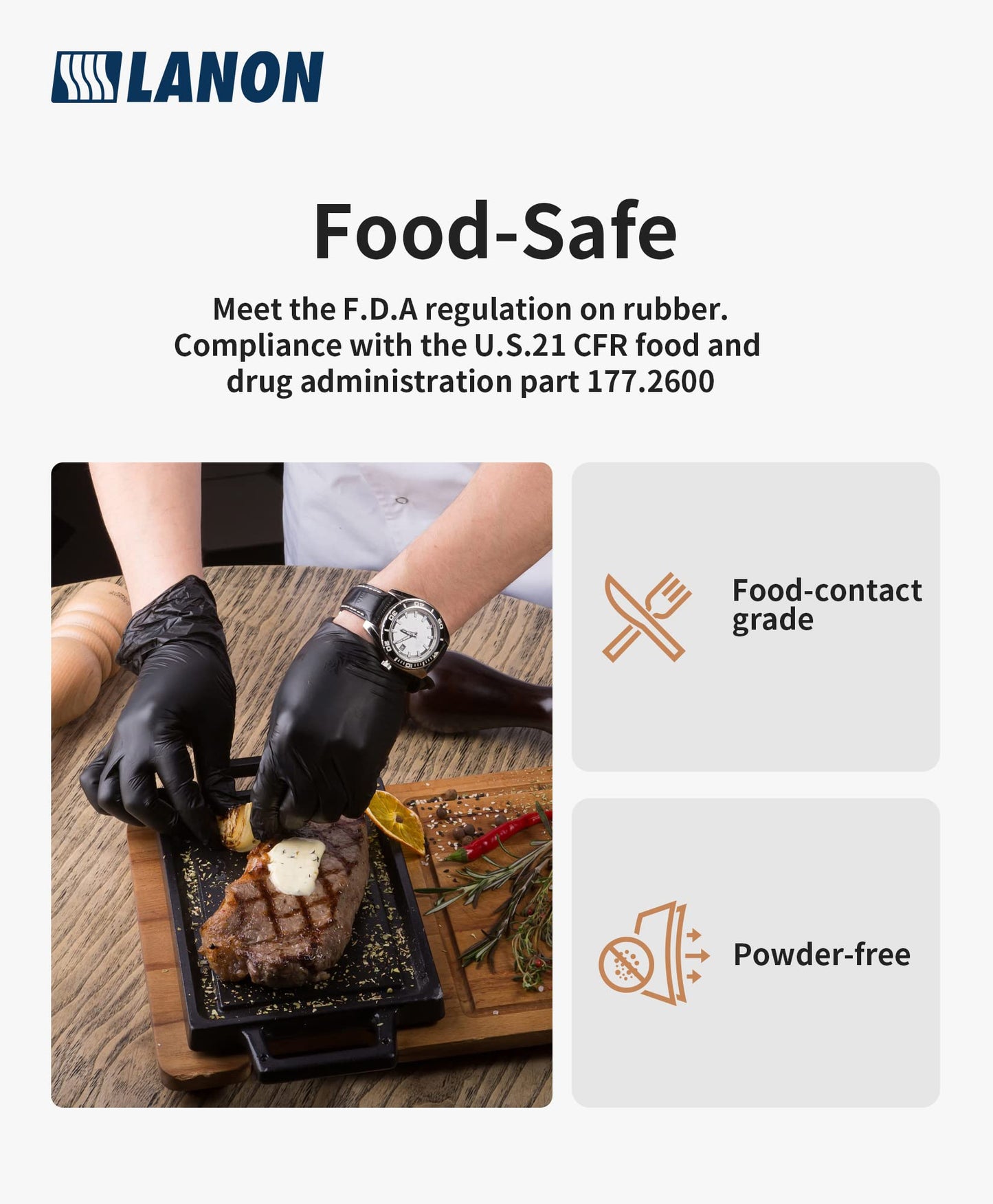 LANON 6-mil Black Nitrile Disposable Gloves, Food-Safe, Powder-Free, Heavy-Duty, Textured Fingertips, Latex-Free, Large