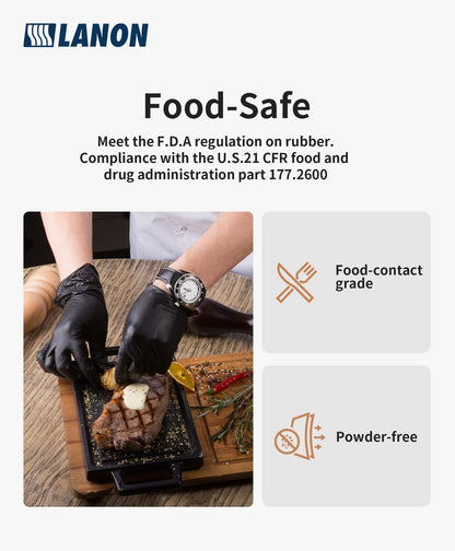 LANON 6-mil Black Nitrile Disposable Gloves, Food-Safe, Powder-Free, Heavy-Duty, Textured Fingertips, Latex-Free, Large