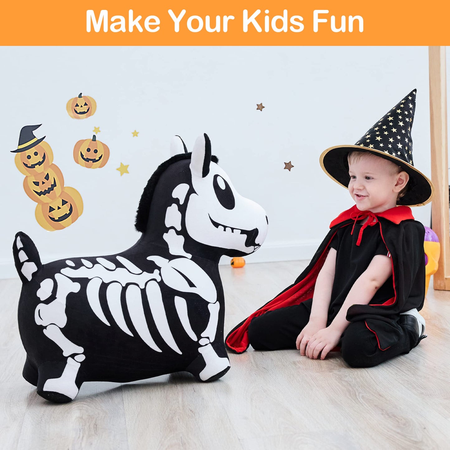 iPlay, iLearn Bouncy Pals Skeleton Hopping Horse, Toddler Bouncing Animal Toys, Inflatable Plush Bounce Hopper, Kid Indoor Ride On Bouncer, Halloween Birthday Gifts 18 Months 2 3 4 5 Year Old Boy Girl