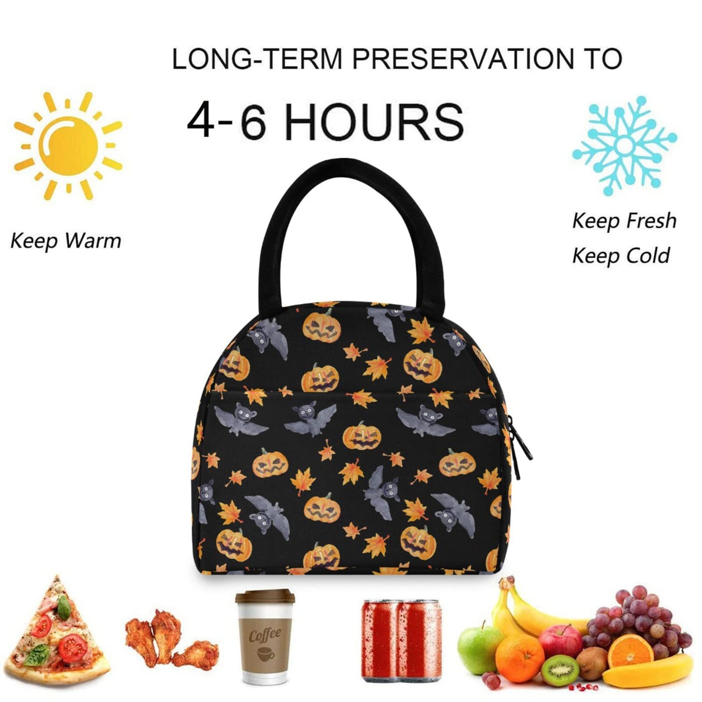 ZzWwR Halloween Bats Pumpkin Lunch Tote Bag with Front Pocket Reusable Insulated Thermal Zipper Closure Cooler Container Bag for School Work Picnic Travel Fishing Beach (0g272618361p407c442s828)