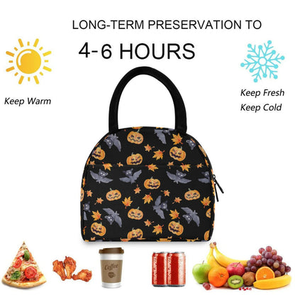 ZzWwR Halloween Bats Pumpkin Lunch Tote Bag with Front Pocket Reusable Insulated Thermal Zipper Closure Cooler Container Bag for School Work Picnic Travel Fishing Beach (0g272618361p407c442s828)
