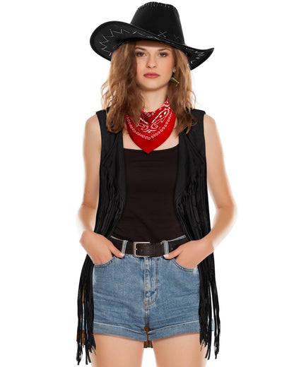 Xtinmee 4 Pcs Halloween Western Cowgirl Outfits Set Women Tassel Vest Cowboy Hat Dangle Drop Earring Paisley Bandana Dress up(Small,Black)