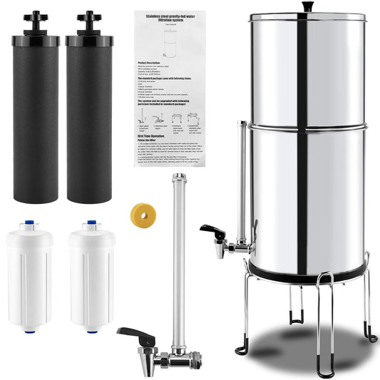 2.25 Gallon Stainless Steel Gravity-fed Water Filter System with Black Activated Carbon Filter and Fluoride Filters for Home, Camping, Travel, Outdoor Adventures and Emergencies - 2 Year Warranty