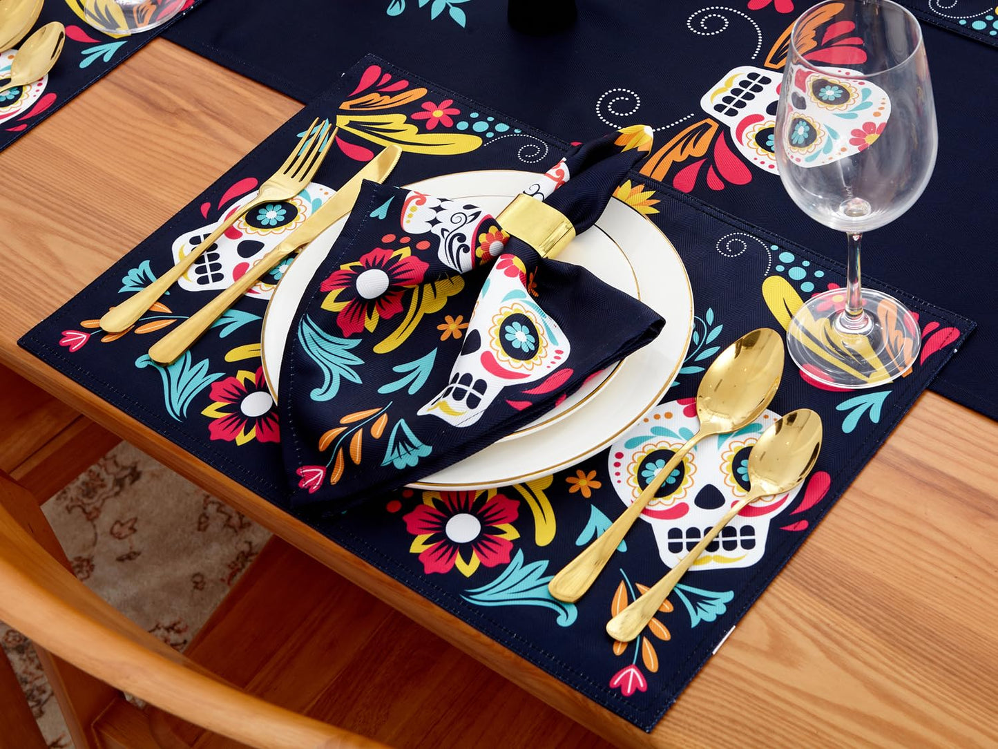 YiHomer Day of The Dead Halloween Tabletop - Dia De Los Muertos Floral Skeleton Mask, Cinco De Mayo Mexican Fiesta Party Home Kitchen Dining Room Decor, Sugar Skull, Napkin Set, 20 x 20
