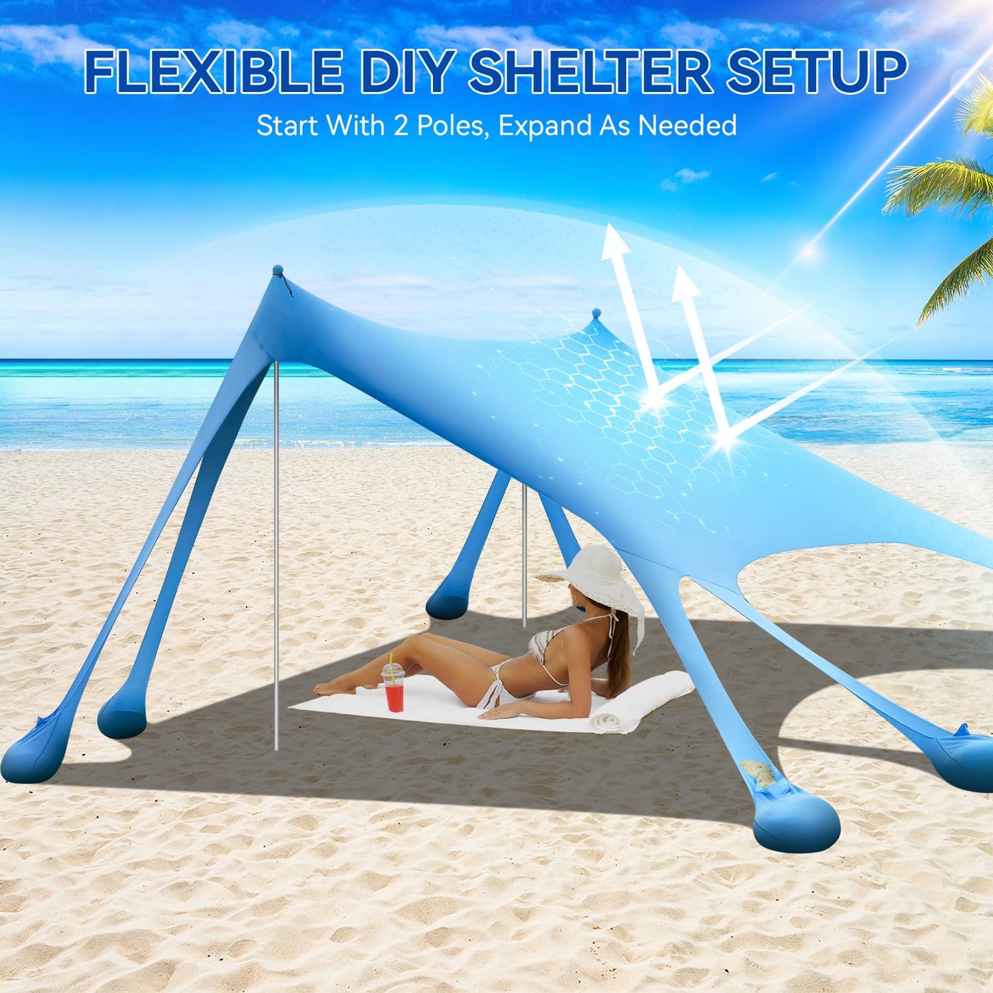 Large Beach Canopy UPF80+ Uv Protection Beach Tents Sun Shelter, Beach Shade Canopy with 8 Sandbags, 4 Stability Poles, Sand Shovel Ground Pegs for Outdoor Camping, Picnics (10x10ft, Sky Blue)