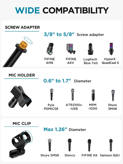 InnoGear Microphone Stand, Tripod Boom Arm Floor Mic Stand Height Adjustable Heavy Duty with Carrying Bag 2 Mic Clips 3/8" to 5/8" Adapter for Singing Podcast for Blue Yeti Shure SM58 SM48 Samson Q2U