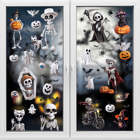 Wothfav 90Pcs Halloween Window Clings for Halloween Decorations, 9 Sheets Double-Sided PVC Window Stickers with Skull Grim Reaper, Removable Glass Decal Party Supplies for Indoor & Outdoor Home Decor