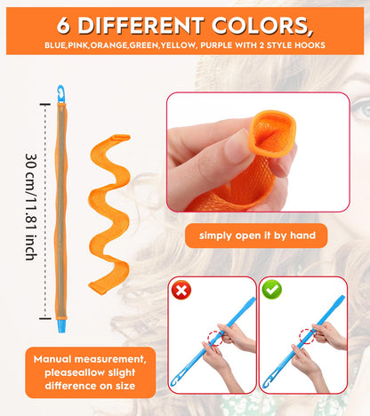 YEVYO 30 Pcs Heatless Hair Curlers Wave Curls Styling Kit with 2 Pcs Styling Hooks, No Heat Hair Curlers Heatless Wave Curlers for Women Girls Long Medium Short Hair (6 Colors, 30 cm/11.81 inch)