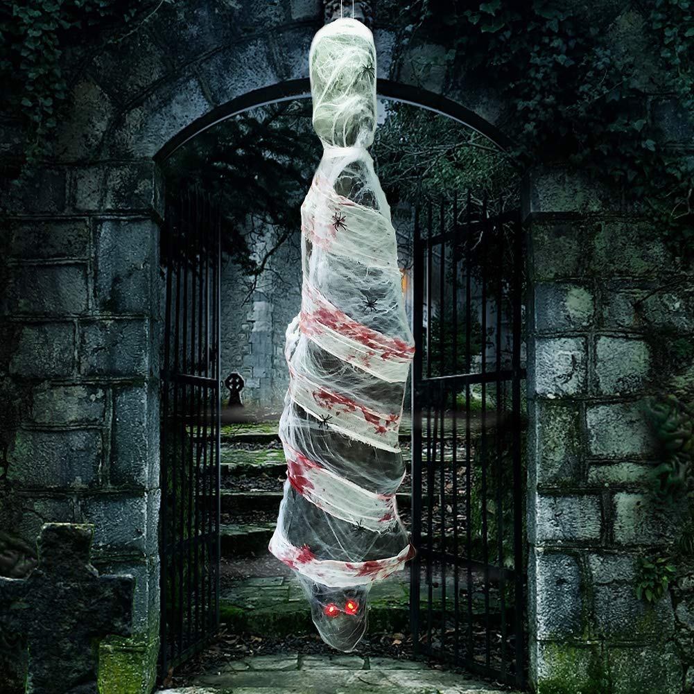 Zcaukya Halloween Decorations, 72 Inch Hanging Spooky Scary Creepy Mummy Decoration with LED Glowing Eyes and Voice Activated for Halloween Party, Haunted House, Yard, Ceiling, Indoor Outdoor Decor