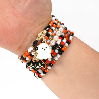 Lonext Halloween Bracelets Ghost Pumpkin Skull Skeleton Bat Spooky Bracelet for Women Boho Stretch Stack Bead Charm Heishi Bracelet