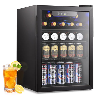 2.6 Cu.ft Beverage Refrigerator Cooler, 95 Can Mini Fridge Glass Door with Adjustable Shelves, Digital Temperature Display, Freestanding Small Drink Fridge for Home, Office or Bar(Black)
