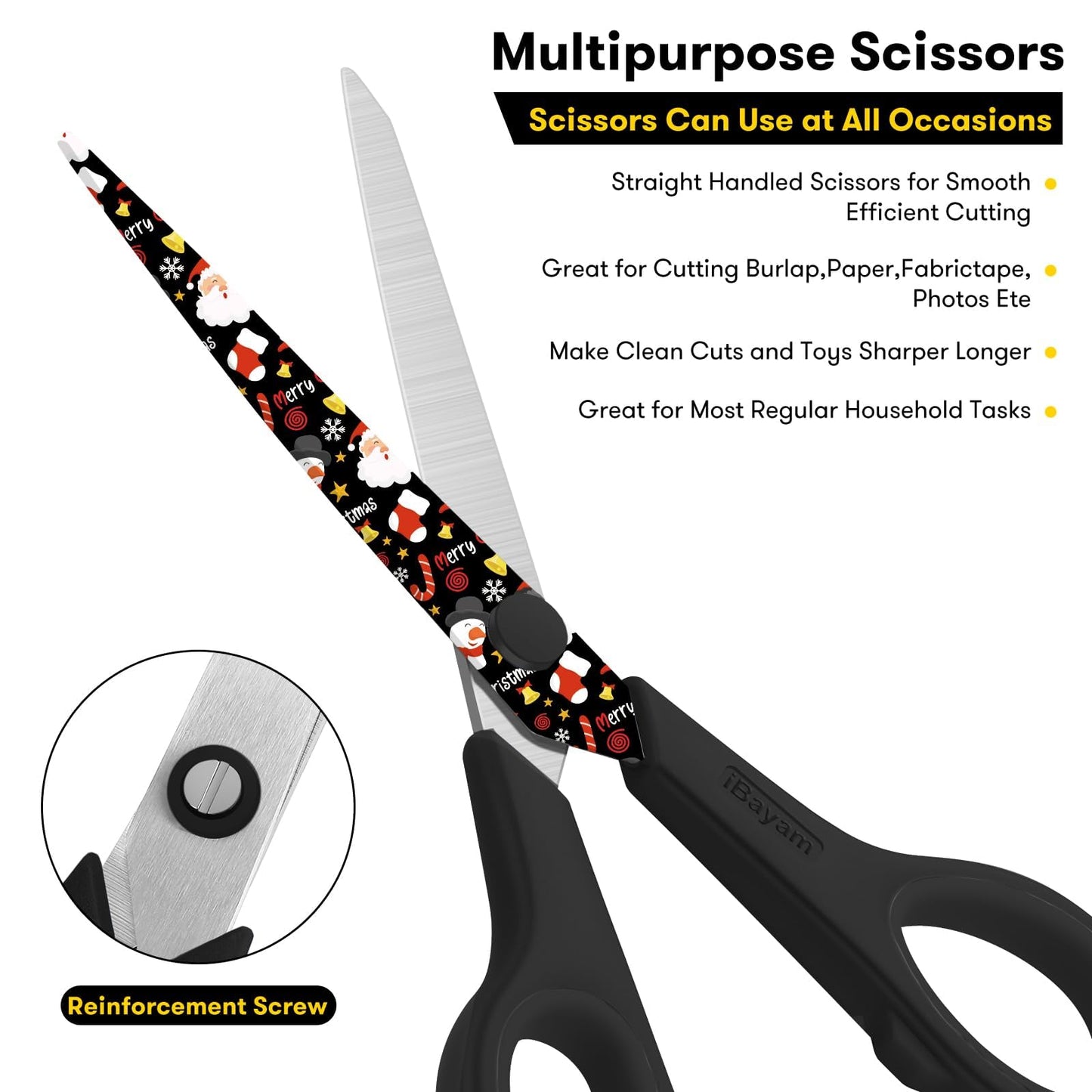 iBayam All Purpose Scissors for Construction Scrapbook Kraft Craft Paper, Gifts Wrapping Packing Paper Cutter Tool, 3 Pack Ultra Sharp 8" Thick Blade Comfort-Grip Scissors for Moving Package Supplies