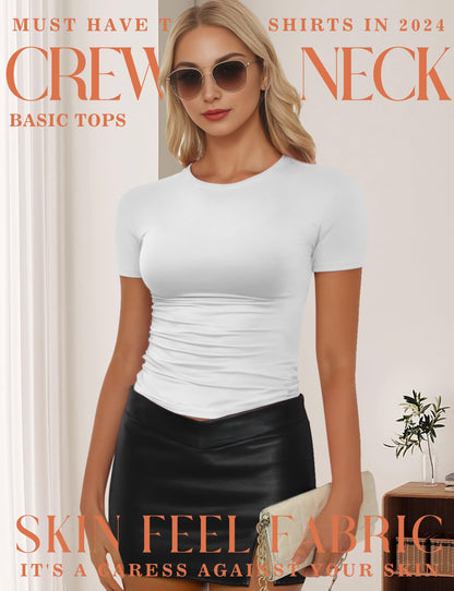 Womens Casual Basic Crop Tops Summer Autumn White Black Short Sleeve Crew Neck T Shirts Slim Fit Tees Plain Going Out Y2k Plain Cute Tops Tight Fitted Compression Baby Tee Shirts Trendy Clothes 2025