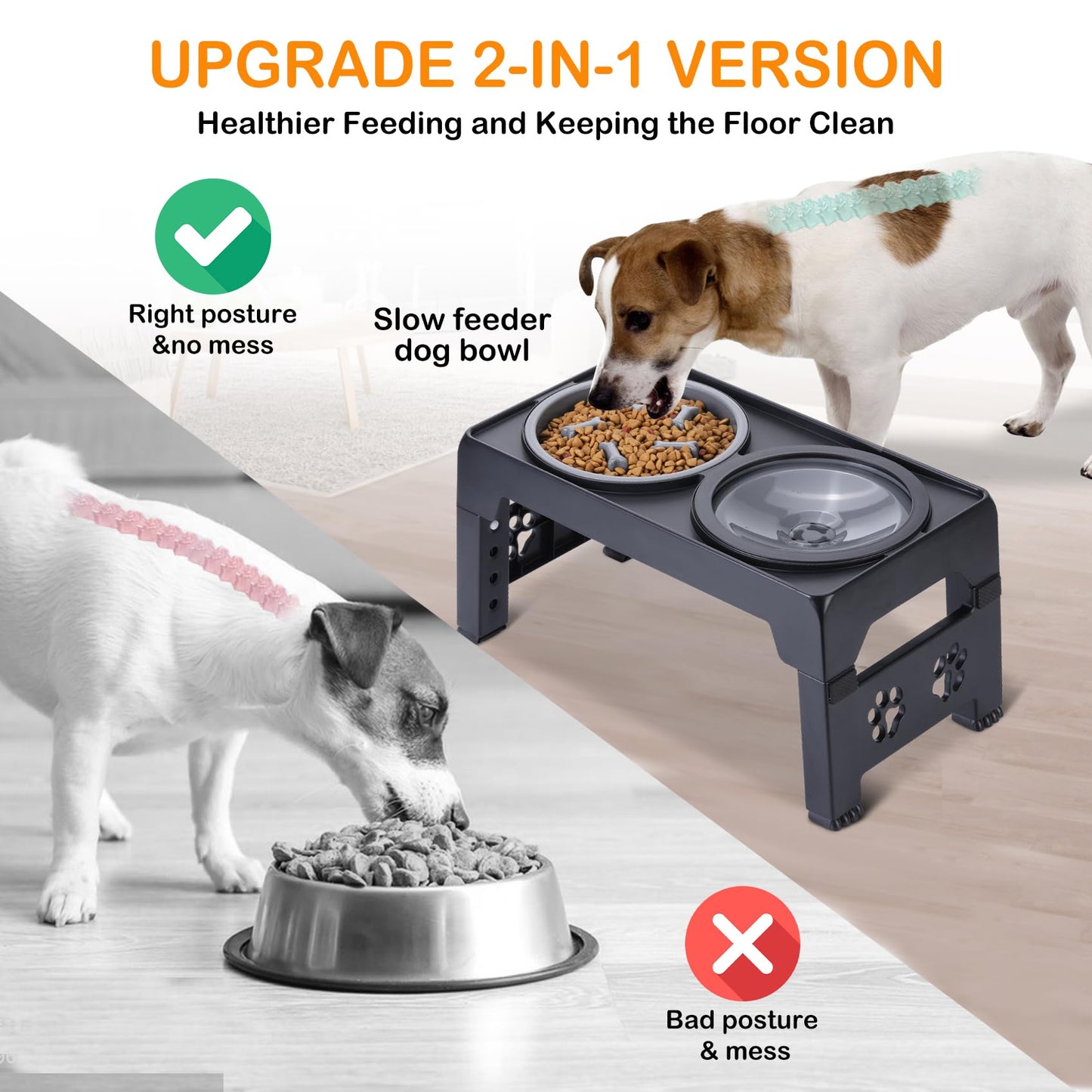 LALOBLUE Elevated Dog Bowls, Raised Slow Feeder Dog Bowls with No Spill Water Bowl, Dog Bowl Stand Adjusts to 5 Heights 2.95", 8.46", 9.65", 10.82", 12.01" for Small Medium Large Dogs and Pets, Black