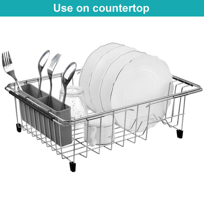 iPEGTOP Expandable Deep & Large Dish Drying Rack, Over The Sink, in Sink Or On Counter Dish Drainer Basket Shelf with Removable Grey Utensil Silverware Holder, Rustproof Stainless Steel