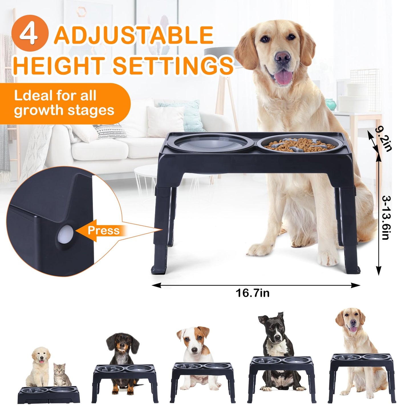 LALOBLUE Elevated Dog Bowls, Raised Slow Feeder Dog Bowls with No Spill Water Bowl, Dog Bowl Stand Adjusts to 5 Heights 2.95", 8.46", 9.65", 10.82", 12.01" for Small Medium Large Dogs and Pets, Black