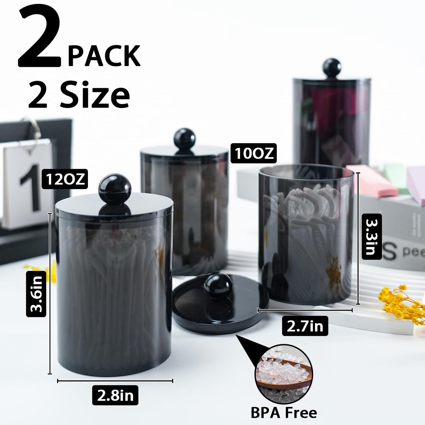 XIPENGKEJI 2 Pack Qtip Holder,Canister Apothecary Jar Set, Bathroom Jars with Lids Set for Cotton Swabs, Balls, Pads, Floss Picks,10oz-12oz Plastic Canisters Restroom Bedroom Vanity Organizer(Black)