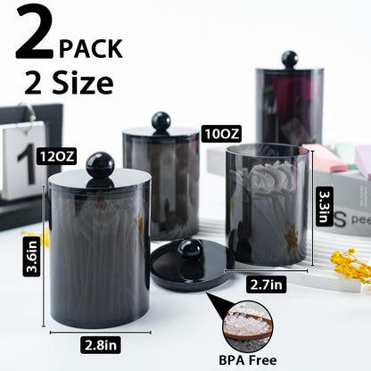 XIPENGKEJI 2 Pack Qtip Holder,Canister Apothecary Jar Set, Bathroom Jars with Lids Set for Cotton Swabs, Balls, Pads, Floss Picks,10oz-12oz Plastic Canisters Restroom Bedroom Vanity Organizer(Black)