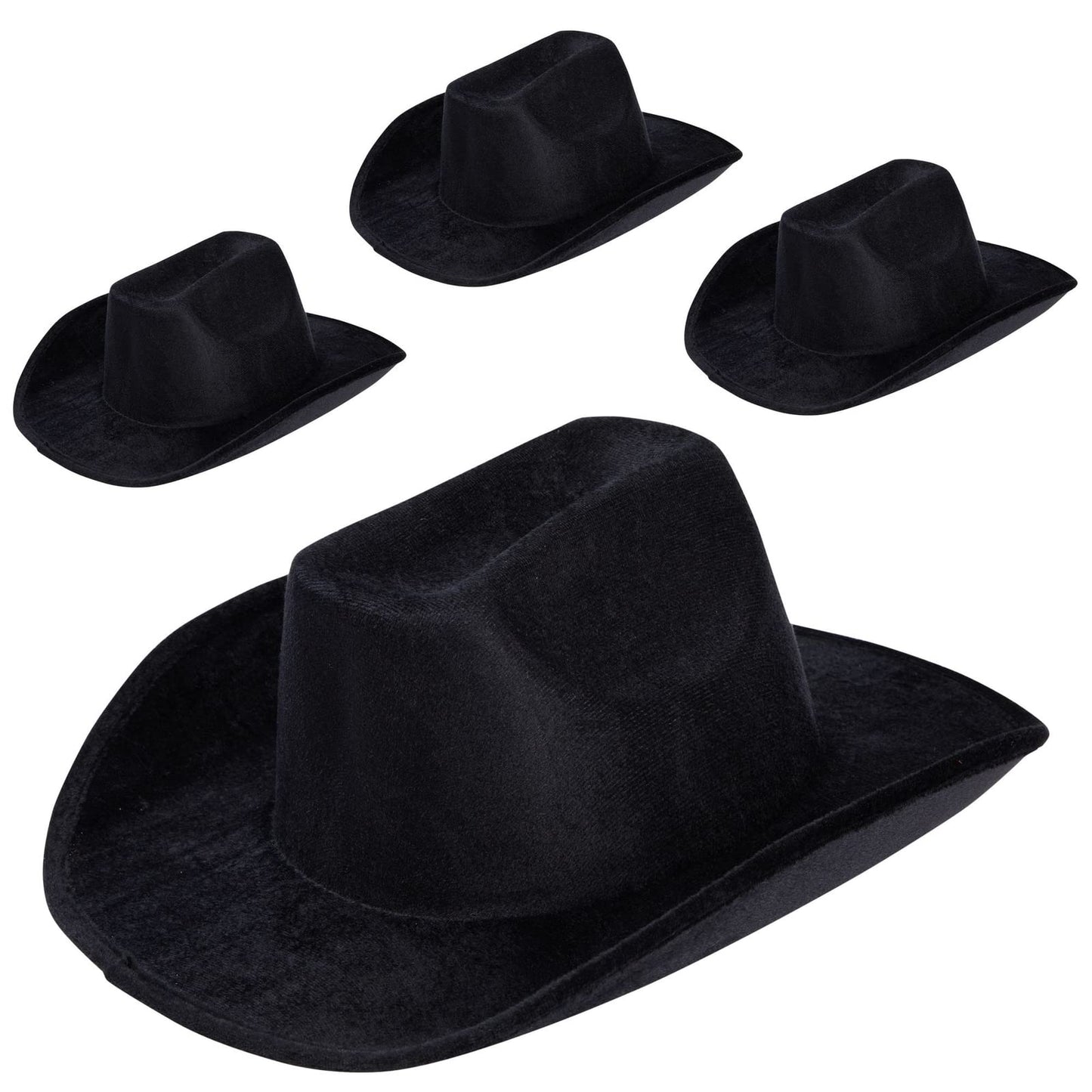 Zodaca 4-Piece Black Cowboy Hats - Adjustable Adult Size Velvet Felt - Costume & Party Favors for Men & Women - Birthday Cowboy Hat