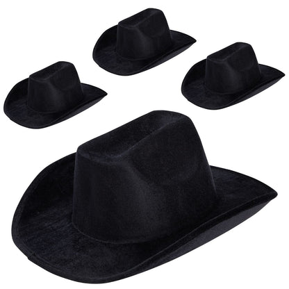Zodaca 4-Piece Black Cowboy Hats - Adjustable Adult Size Velvet Felt - Costume & Party Favors for Men & Women - Birthday Cowboy Hat
