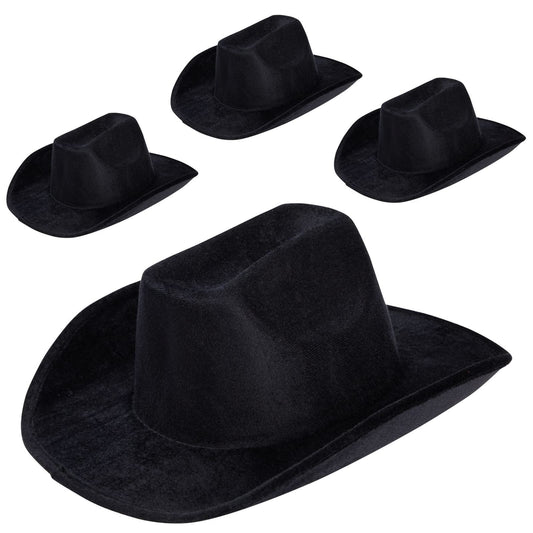 Zodaca 4-Piece Black Cowboy Hats - Adjustable Adult Size Velvet Felt - Costume & Party Favors for Men & Women - Birthday Cowboy Hat