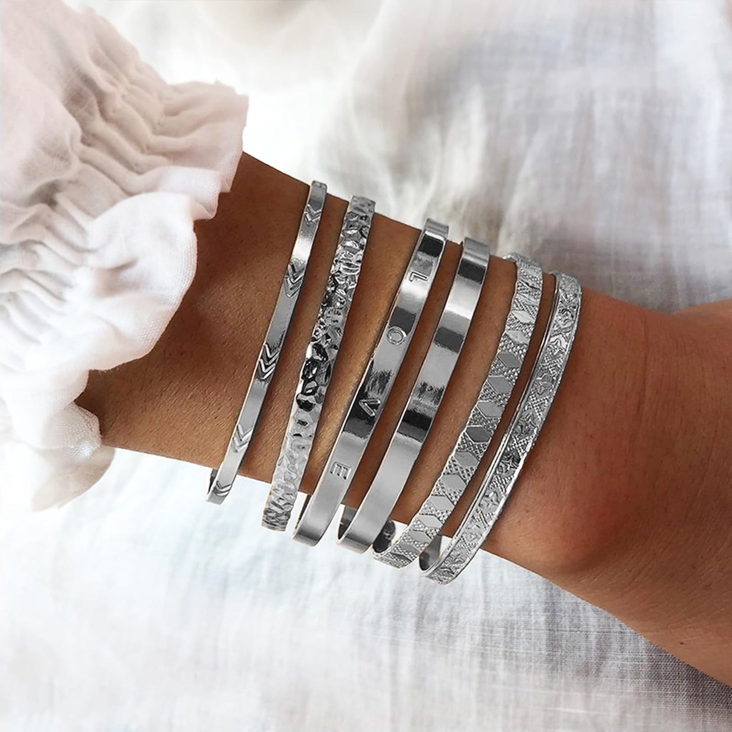 IFKM Silver Bangles Bracelets For Women, Silver Plated Multi Layer Stackable Cuff Bracelet Set, Trendy Elegance Charms Non Tarnish Minimalist Textured Boho Jewelry Gift for Women