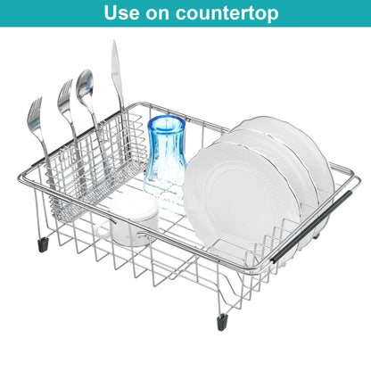 iPEGTOP Expandable Multifunctional Dish Drying Rack, Rustproof Stainless Over Sink Dish Drainer Rack Basket Shelf, Dish Drainer in Sink or On Counter Organizer with Utensil Cutlery Holder