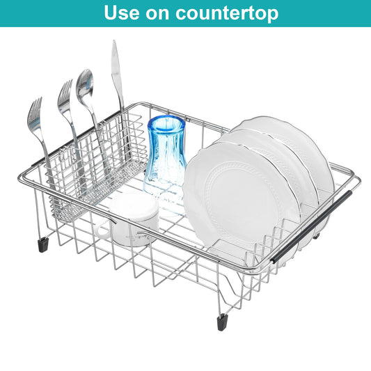 iPEGTOP Expandable Multifunctional Dish Drying Rack, Rustproof Stainless Over Sink Dish Drainer Rack Basket Shelf, Dish Drainer in Sink or On Counter Organizer with Utensil Cutlery Holder