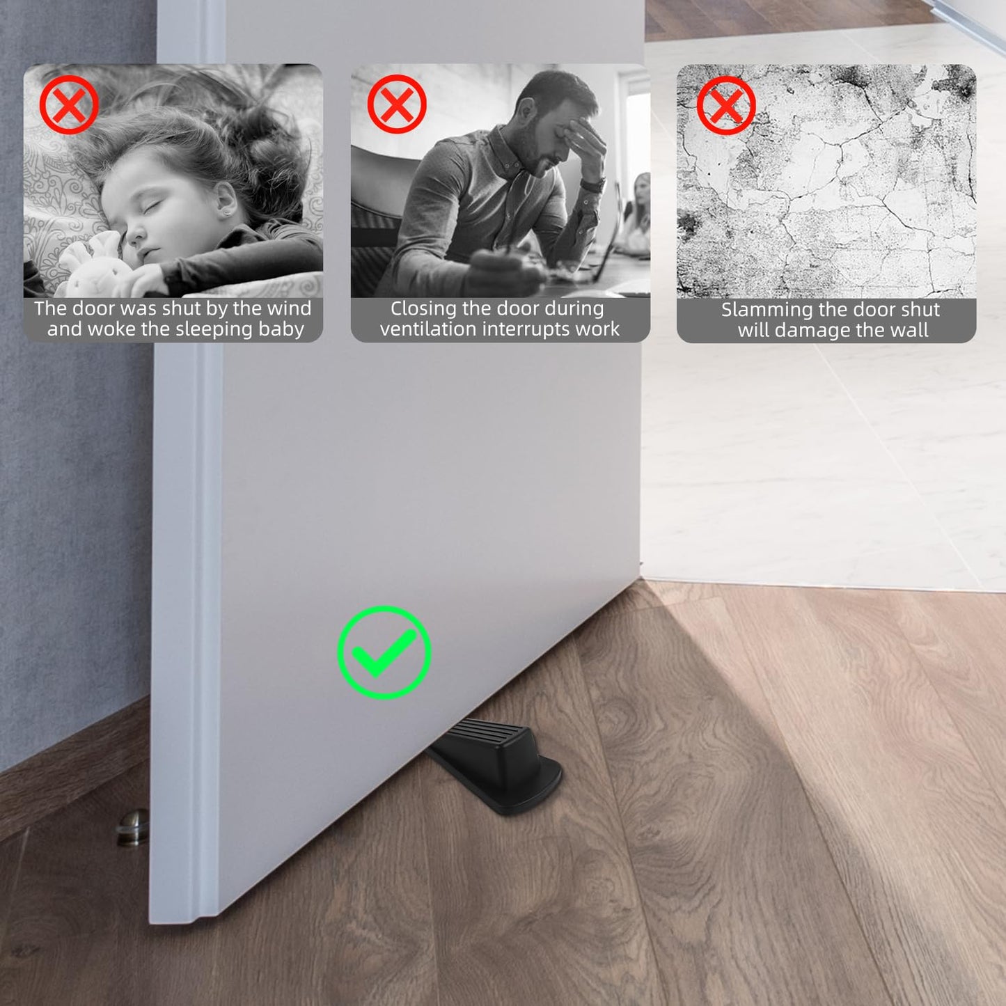 JZWBLILY Door Stoppers for Bottom of Door on Floor, Premium Rubber Door Stopper Wedge, Floor Sturdy Stackable Door Stops for Carpet Heavy Duty Door, Door Gaps (Black, 2 Pack)