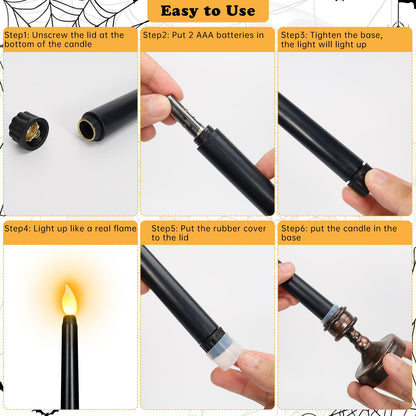 YUNVI Sets of 8 Black Halloween Candles,Flameless Taper Candles with Base,LEDs Candlesticks,Plastic Flickering Flameless Candles for Halloween Fireplace