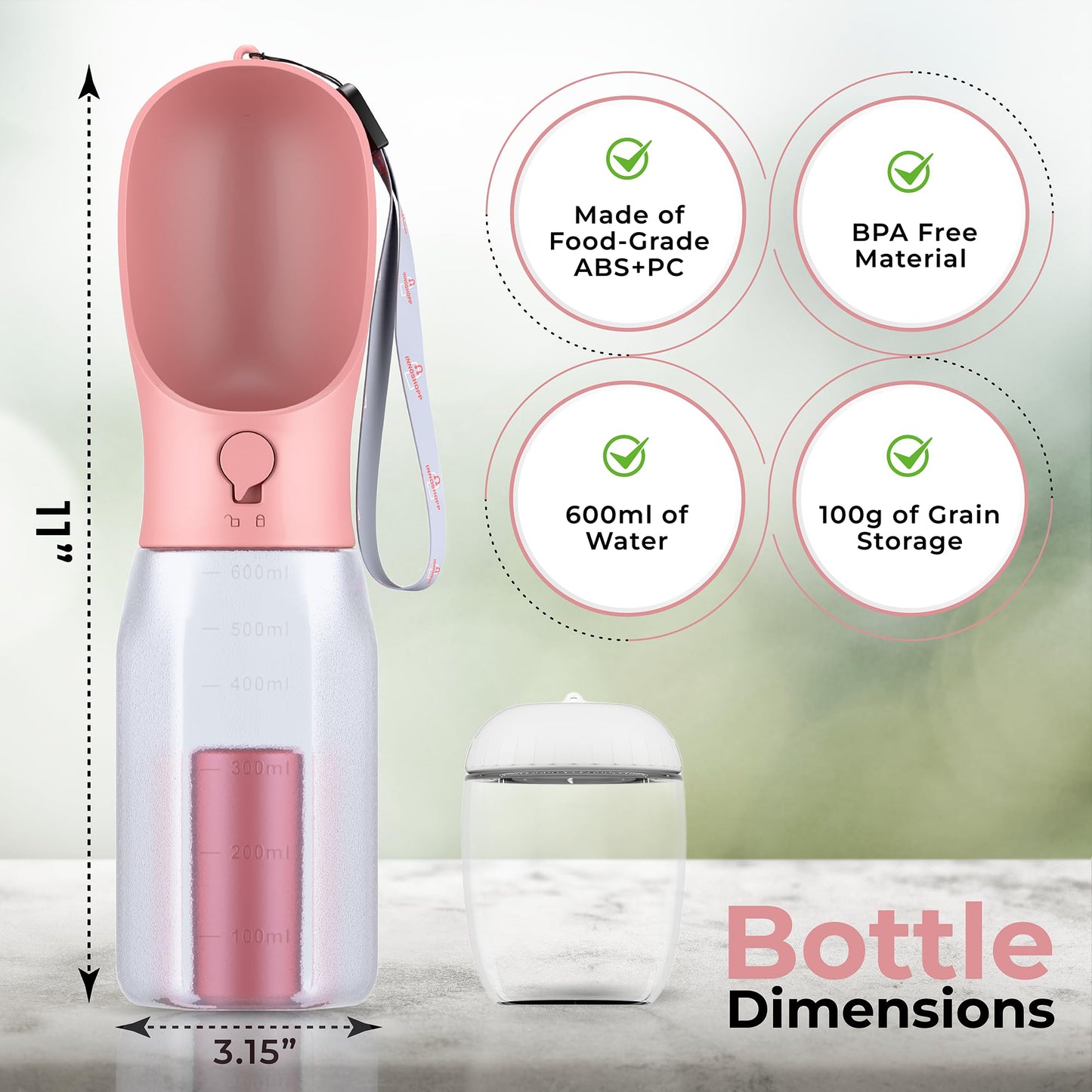 Innoshopp Dog Water Bottle - Portable Pet Water Bottle with Food Container & Poop Bag Dispenser - Lightweight, Leak Proof & BPA Free Dogs Drinking Bottle for Walking, Hiking & Travel (Pink)
