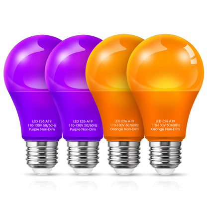 Woxeon Orange Light Bulbs Purple Light Bulbs [4 Pack] - A19 LED Orange Bulb Purple Bulb 9W (60W Equivalent) - E26 Base Outdoor for Halloween Party Porch Holiday Decor