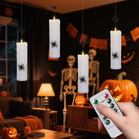 Wondise Halloween Flameless Floating Candle with Remote Timer, 4 Pack Battery Operated Hanging Candles with Spider Plastic LED Electric Candles for Halloween Decorations(White)