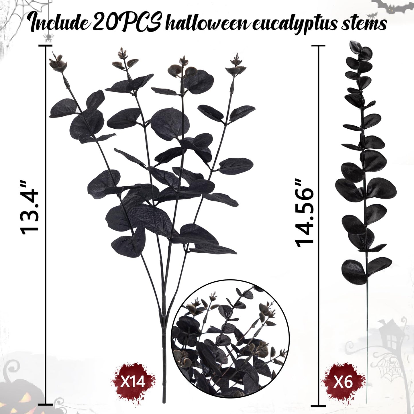 Yen Jean 20PCS Black Halloween Decor Artificial Flowers Bulk - Eucalyptus Stems Branches Decorations for Table Indoor Centerpieces Party Supplies