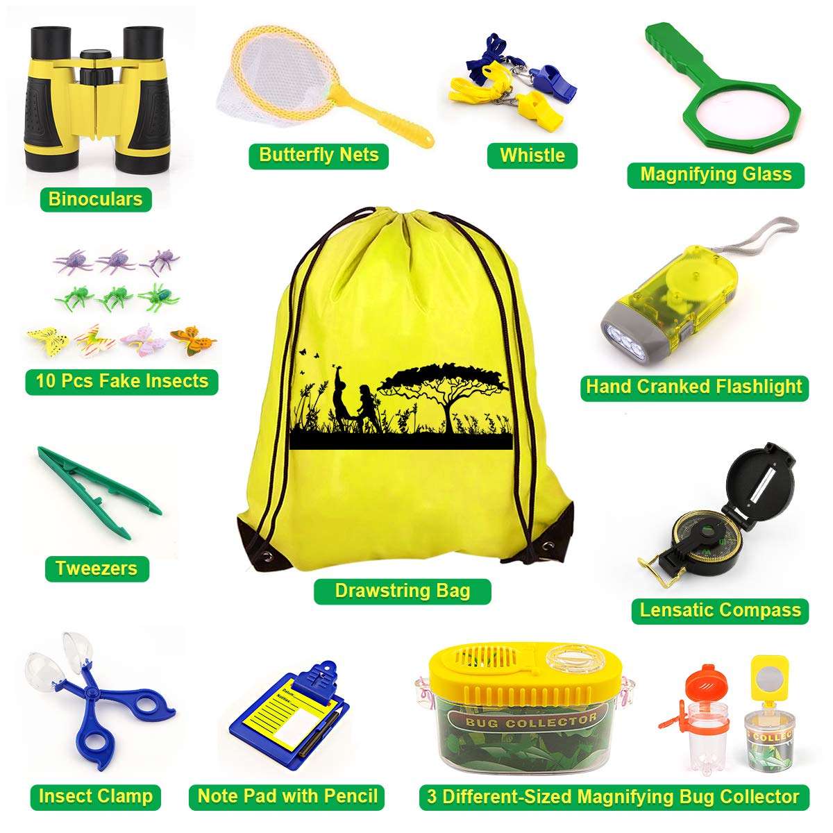 24 Pcs Kids Explorer Kit & Bug Catcher Kit for Kids, Outdoor Toys Adventure Camping Kit with Drawstring Bag, Binoculars, Compass, Butterfly Net, Educational Nature Exploration Toys Gift for Boys Girls