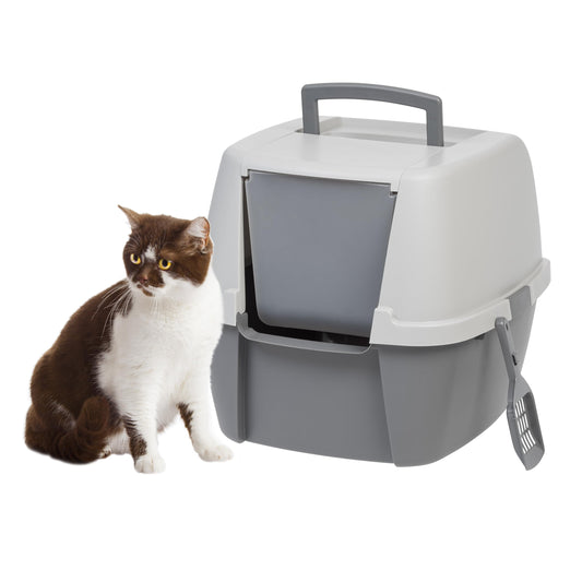 IRIS USA Cat Litter Box with Front Door Flap and Scoop, Covered Kitty Box with Handle and Buckles for Portability and Privacy, Dark Gray