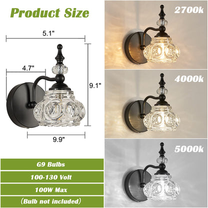 ZILANL 2-Pack Wall Sconces Black Bathroom Vanity Lighting Fixtures Black Wall Light with Glass Shade, Rust-Proof and Durable, Wall Lamp Using G9 Bulbs for Bedroom, Bathroom, Living Room