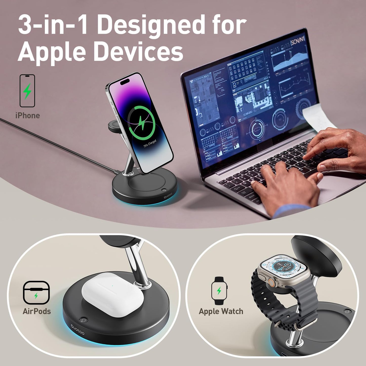 2025 3 in 1 Charging Station Compatible with Mag-Safe Charger Wireless Charger Stand for iPhone 16 15 14 13 12 Series Wireless Charging Station for AirPods Wireless Charging Stand for iWatch Series