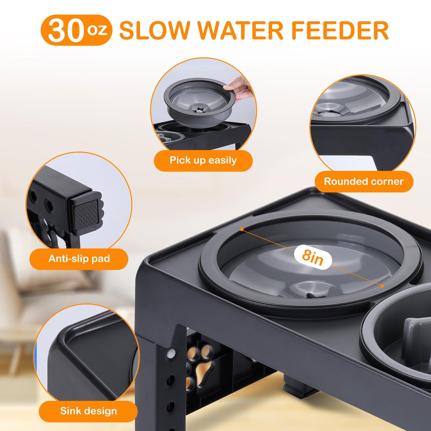 LALOBLUE Elevated Dog Bowls, Raised Slow Feeder Dog Bowls with No Spill Water Bowl, Dog Bowl Stand Adjusts to 5 Heights 2.95", 8.46", 9.65", 10.82", 12.01" for Small Medium Large Dogs and Pets, Black