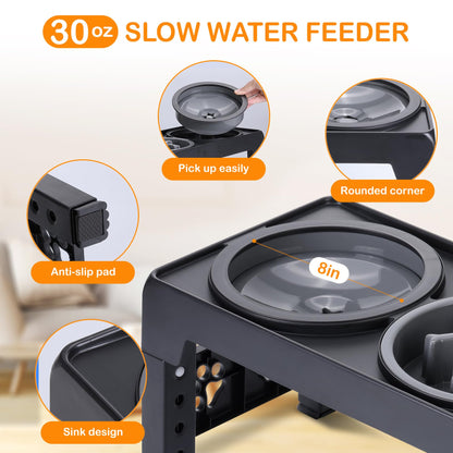 LALOBLUE Elevated Dog Bowls, Raised Slow Feeder Dog Bowls with No Spill Water Bowl, Dog Bowl Stand Adjusts to 5 Heights 2.95", 8.46", 9.65", 10.82", 12.01" for Small Medium Large Dogs and Pets, Black