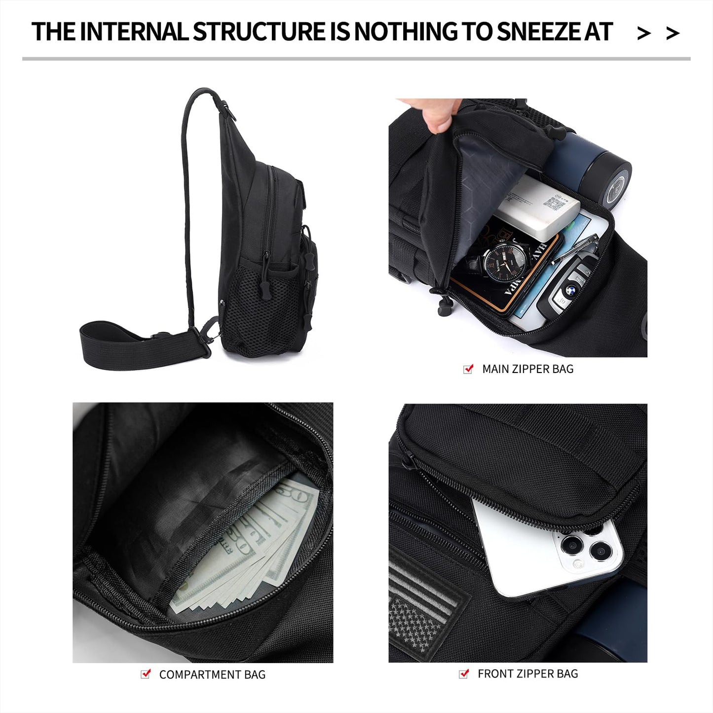 Laoyemen Tactical Sling Bag with Flag Patch - Military Backpack for Hiking, Hunting, Fishing - Crossbody Bags for Men