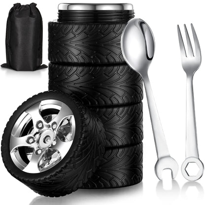 Yungyan 3 Pcs Tyre Water Bottle Gift for Man Fathers Day Dad Gifts Stainless Steel Coffee Tea Mug with Tool Fork and Spoon for Halloween Thanksgiving Christmas Valentine Car Lover Birthday Gift