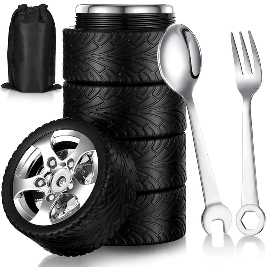 Yungyan 3 Pcs Tyre Water Bottle Gift for Man Fathers Day Dad Gifts Stainless Steel Coffee Tea Mug with Tool Fork and Spoon for Halloween Thanksgiving Christmas Valentine Car Lover Birthday Gift