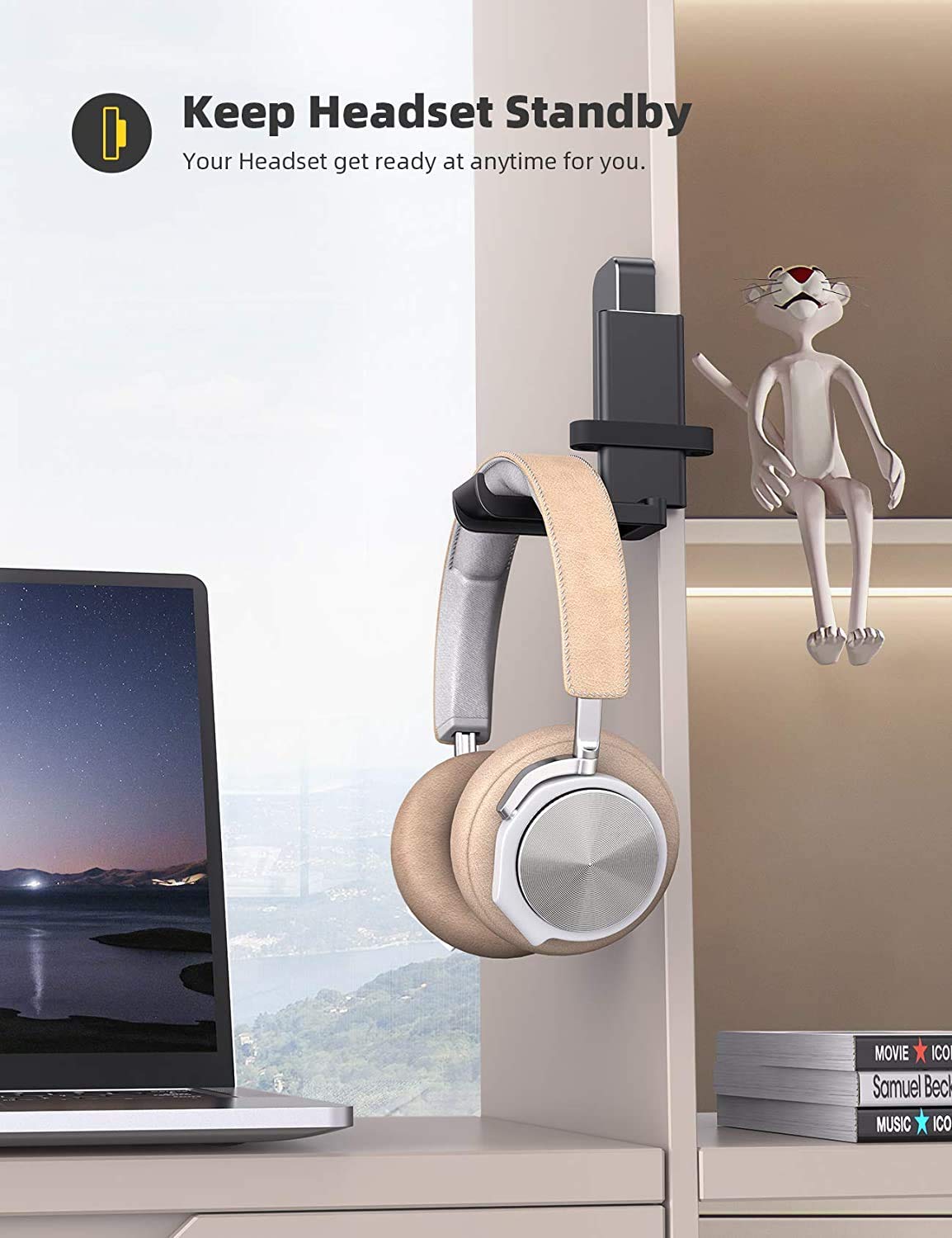 Lamicall Headphone Stand, Headset Hanger - 360 Degree Rotation Earphone Hook Holder Mount, Table Headphone Stand with Cable Organizer, Gaming Headset Clamp for HyperX, Razer, Sony, Sennheiser - Black