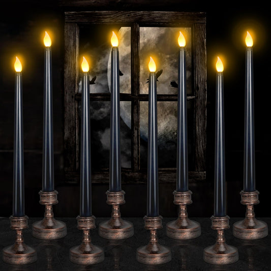 YUNVI Sets of 8 Black Halloween Candles,Flameless Taper Candles with Base,LEDs Candlesticks,Plastic Flickering Flameless Candles for Halloween Fireplace